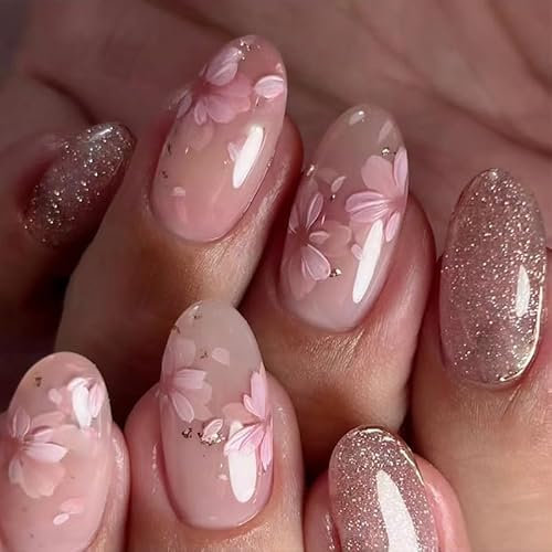24pcs Short Press on Nails - Oval Glitter Gold Fake Peach Flower Stick on Removable Glue-on Acrylic Full Cover for Women Girls - Nail Art Accessories