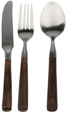 KLLJHB Besteckset, Messer-Gabel-Löffel-Set, Suppenlöffel, Silberbesteck-Set, 3/12/18/24/30/36-teilig, Holzgriff, runder Massivholzgriff, mattiertes Edelstahl-Besteck