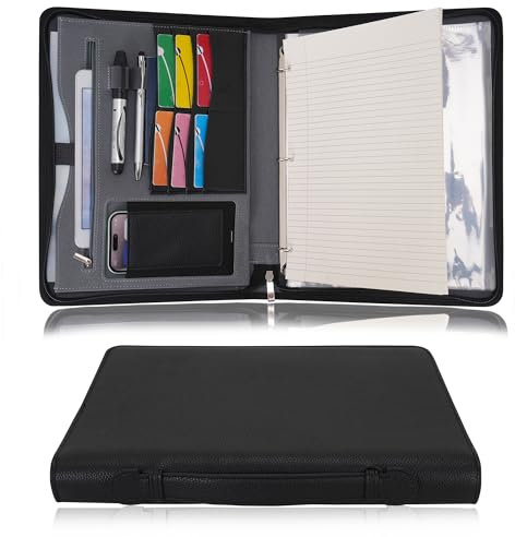 Wonderpool Porte-documents à fermeture éclair classeur à 3 anneaux A4 Padfolio étui à documents presse-papiers amovible, organisateur de bureau et d'école pour hommes et femmes (Noir)