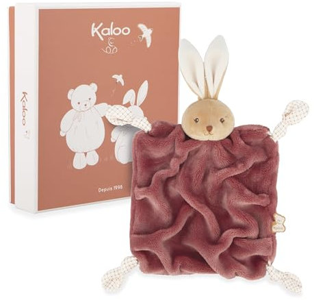 KALOO - Doudou Lapin Bordeaux 24cm - Doudou Plat Bébé Ultra-Doux - Fourrure de Flanelle Extra Douce - Nœuds avec Fonction Attache-Tétine - Compagnon Câlin et Educatif Dès la Naissance - K214008