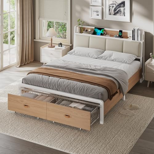 KIMENICH Bett 160x200 cm, Metallbett Bettgestell, Bettrahmen mit Lattenrost, Ladestation, 2 Schubladen, Metallrahmen & Holzkopfteil mit Stauraum, für Schlafzimmer, Gästezimmer, Weiß + Natur