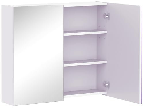 HOMCOM Armoire Murale Salle de Bain avec Miroir, 70 x 60 cm, Meuble Salle de Bain, Armoire de Toilette avec étagère réglable, Blanc