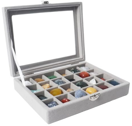 Dmnnlp 24 Gitter-Vitrine, Samt-Rock-Sammelbox mit glasklarem Deckel, Aufbewahrungsbox für kleine Edelsteine, fossilen Kristallsteinen, Ringe, Ohrringe, Charms, Sammlerstücke (grau)