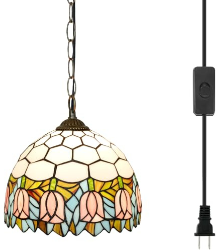 Rosa Tulpen Tiffany Pendelleuchte 12inch Buntglas Pendelleuchte Vintage Style Hängelampe für Home Decor Küche Insel Esszimmer Flur Bar
