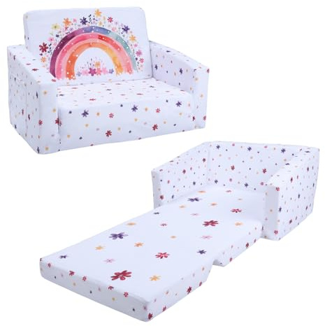 decalsweet Kindersofa Faltbarer, 2 in 1 Kindersessel Kindercouch Regenbögen | Rückenlehen-Sessel,Spielsofa,Standfest,Kinderstuhl,Kinderzimmer,Weiche,Leichte,Flip Open,mit Stofftasche,Rutschfestes Kissen