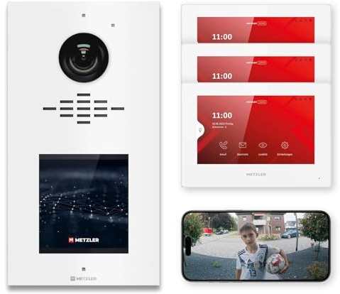 Metzler videoportero completo para 1-500 viviendas - LAN/POE - portero con pantalla táctil IPS y 3 monitores interiores en kit, blanco en acero inoxidable V2A | VDM10 2.0 Horizon