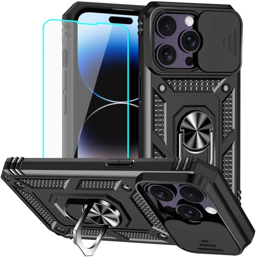 Yiakeng for iPhone 14 Pro Max Case with Screen Protector: [Military Grade 20ft. Drop Tested] Slide Camera Cover Ring Shockproof Protective Phone Case for - iPhone 14 Pro Max (Black)