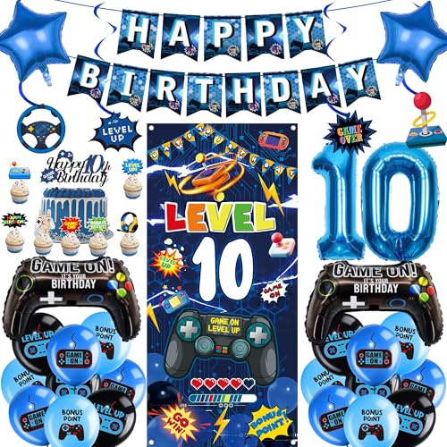 Gaming 10th Birthday Decorations Boys - 41 Pcs Blue Video Game Set | Blue Video Game Banners Gaming Controller Foil Balloons Cake Topper Swirl Hangings Backdrop for Kids Boys Girls Game Decor