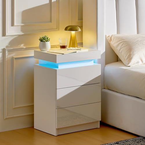 CLIPOP Bedside Tables with Smart WiFi LED Lights App/Voice/Remote Control RGB Color Changing Bedside Lamp with Music Sync & 20 Modes, 3 Drawers, 1 Hidden Cabinet, High Gloss Front, White, 1PC