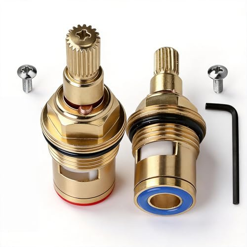 2 Pcs 1/4 Turn 20 Spline Ceramic Tap Cartridge, Solid Brass Valve | Universal replacement ceramic tap valve with washers for hot and cold water, includes allen key, 2 pack solid brass