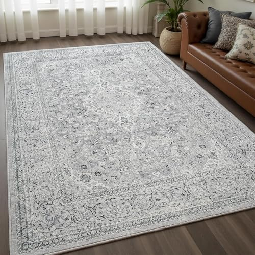 VARIKASHOM Teppiche Deko Wohnzimmer Esszimmer Zimmer Heimbüro stube,pflegeleicht,Vintage Shabby Chic orientalisch Grau, Weiß, Schwarz, 150 x 150 cm