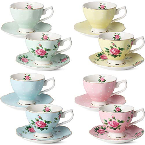 BTaT Floral Tea Cups and Saucers, Set of 8 (8 oz) Multi-color with Gold Trim and Gift Box, British Porcelain Tea Set for Women, Latte Cups