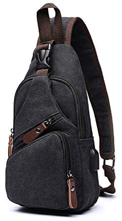 FANDARE Brusttasche Herren Schultertasche Sling Bag Rucksack mit USB Segeltuch Tasche Umhängetasche Sporttasche für Wandern,Abenteuer,Sport, Reisen und Joggen Schwarz