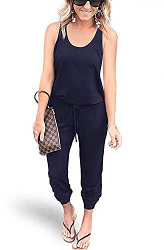 REORIA Damen Ärmellos Elastische Taille Jumpsuit mit Taschen Marineblau S