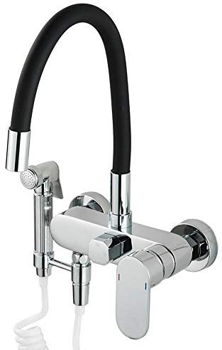 Wasserhahn Küche Wandarmatur Küchenarmatur Wand, mit Spritzpistole Flexibel Auslauf 2-Wege, Spüle Wandmontage Mischbatterie für Küche Spültischarmatur, Kupfer Kalt Und Warmwasser-Schwarzer A