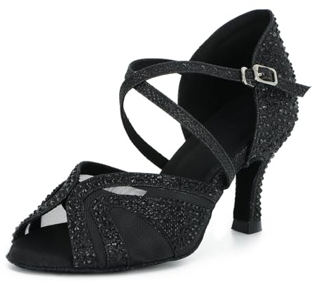 Syrads Chaussures de Danse Femmes Latine Salsa Tango Valse Bachata Moderne Chaussures Danse De Salon avec des Strass 1050,Noir 7 5cm,38 EU