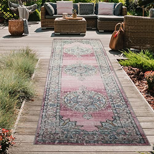 Teppich-Traum orientalischer Vintage LÄUFER für In- & Outdoor buntes Blumenmotiv rosa Größe 80 x 300 cm