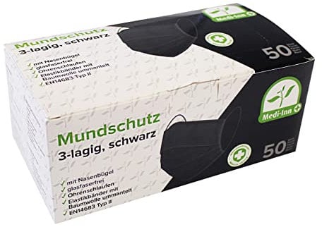 Medi-Inn+ Mundschutz Atemschutz Gesichtsmaske Einwegmaske mit Elastikbändern Typ II 3-lagig schwarz (10 x 50 = 500 Stück)