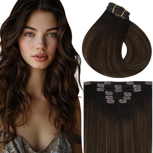 Vivien Clip Extensions Echthaar 45cm Balayage Braun Extensions Echthaar Clip in Ombre Haarverlängerungen Braun Balayage 120g 7 Stücke #2/8/2