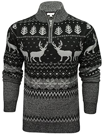 Xact Mens 1/4 Zip Reindeer Xmas/Christmas Jumper (Black/Grey) L