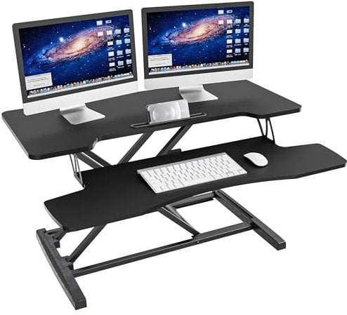 IMtKotW Sitz Steh Schreibtisch, 36 Zoll Höhenverstellbarer Schreibtischaufsatz mit abnehmbarer Tastaturablage, 92X 40cm Sitz Steh Computertisch, 15 kg Tragkraft(schwarz).