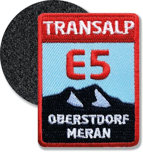 E5 Transalp Oberstdorf Meran/Klett Patch gestickt mit Klett-Verbindung rund/Klettpatch Klettabzeichen Klett-Patches Aufnäher Applikation für Kleidung Rucksack Taschen (rot-navy-weiss)