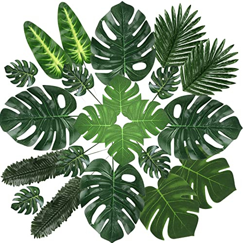 Yuragim 100 Stück Künstliche Palmenblätter, Plastik Palmblätter Safari Blätter Monstera Blätter Tropische Pflanzen Künstlich Blätter Dschungel Strand Geburtstag Luau Hawaiian Hochzeit Party Deko