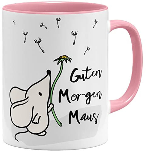 OM3® Taza de cerámica con texto en alemán Guten Morgen Maus, 325 ml, impresión por ambos lados, color rosa