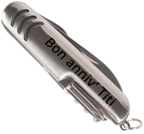 Ocadeau Couteau multifonctions argenté personnalisé gravé – Couteau de poche 7 fonctions et personnalisation gravure texte – Couteau argenté personnalisé homme