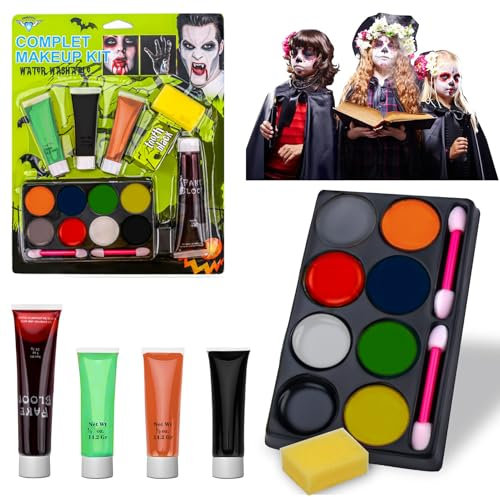 Maquillaje Halloween niños Fiesta cumpleaños Pintura Cara Kit - Disfraz Sangue Artificial, Disfraz Maquillaje Vampiro, Zombie, Bruja, Fantasma, Trucos para Halloween, Carnaval, Cosplay