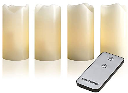 LED Kerzen 4er-Set mit Fernbedienung, LED Echtwachskerzen, echtes Wachs, batteriebetrieben, warmweißes, täuschend echt flackernde Kerzenflamme, Kerzen 10 cm hoch, Durchmesser 5 cm, Farbe Creme