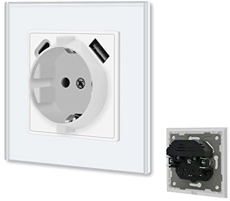 BSEED Schuko Steckdose mit USB/Typ C 16Amp Steckdose mit Steckklemme Unterputz Steckdose mit 3.1A Doppel USB/Typ C 86mm Wandsteckdose Einbausteckdose USB Steckdose Weiß