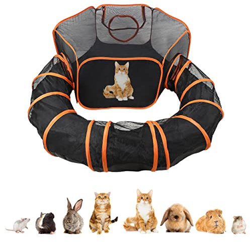 MiMu Hunde-Laufstall für drinnen und draußen, 1,2 m Katzenzelt mit Übungstunnel, Pop-Up-Reise-Laufstall für Welpen, Kätzchen, Kaninchen, Meerschweinchen und kleine Haustiere, tragbar, geschlossener