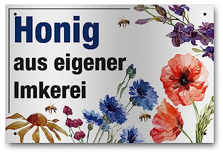 Apoidea – Honig aus eigener Imkerei Schild / Bienen Schild Werbeschild aus Aluminium weiß / Imkereibedarf / Bienenzubehör und Imkerzubehör / Imkerbedarf