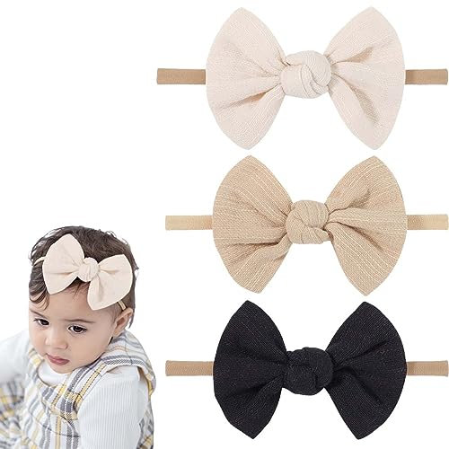 3 Stück Baby-Haarschleifen Für Neugeborene Nylon-Stirnbänder Handgefertigte Haarbänder Mit Baumwolle Gebundene Schleifen Elastisches Haar-Accessoire Für Neugeborene Kleinkinder Kinder