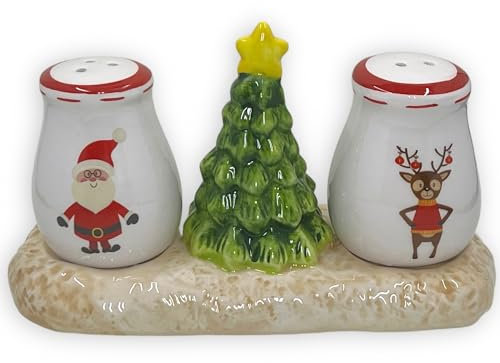 MIJOMA Salz- & Pfefferstreuer Set Weihnachten aus Porzellan – lebensmittelecht und leicht befüllbar mit Silikonstopfen – Santa & Rentier auf Tablett mit Tannenbaum 3-teilig