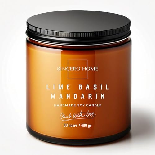 Sincero home: Lime Basil & Mandarin: Elegante Duftkerze für Männer - Geschenk für Aromatherapie. Originalgeschenk mit handgefertigtem Holzdocht, 400 g, 60 Stunden