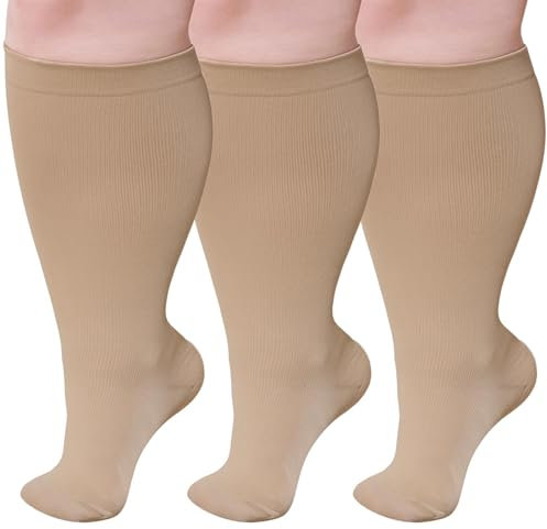 PUTUO Kompressionsstrümpfe Dicke Waden Herren: Thrombosestrümpfe Damen Übergröße Stützstrümpfe Männer Frauen Kompressionssocken für Flug Medizinisch Laufen Reise Beige XXL 3 Paare