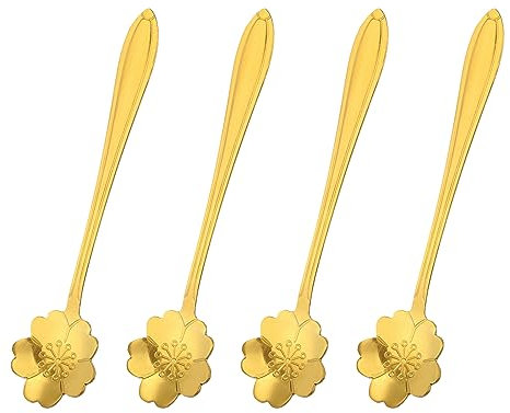 QUARKZMAN 4uds Inoxidable Acero Flores Cucharas 5 Pulgada Cereza Flores Forma Café Cuchara Pequeña Cucharadita Postre Cuchara para Espresso Azúcar Pastel, Oro