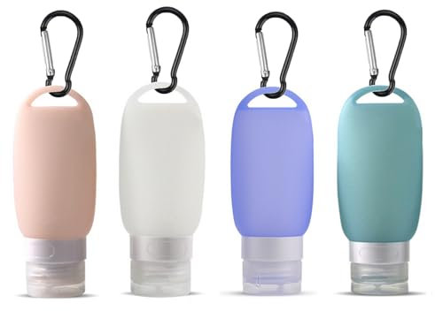4 Pièces Flacons de Voyage en Silicone de 60 ml, Contenant Vide Voyage Récipients Rechargeables Bouteille Étanche Flacons Souples avec Mousqueton pour Shampoing/Gel Douche/Gel