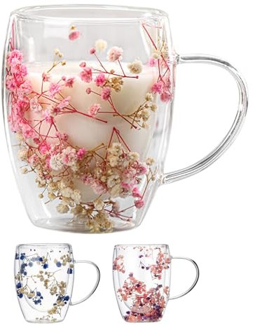 3 Stück Doppelwandige Gläser Latte Macchiato Kaffeegläser Teegläser Espressogläser Mit Henkels, Blumen Im Glas Kaffeetasse, Doppelwandige Glasbecher Tasse Mit Trockenen Blumen