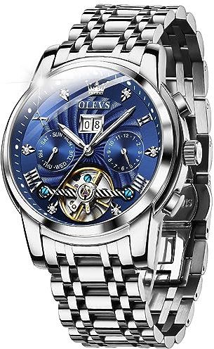 OLEVS Hommes Montre Squelette MéCanique Automatique Bleu éTanche à Remontage Automatique en Acier Inoxydable Lumineux Tourbillon Montres De Luxe