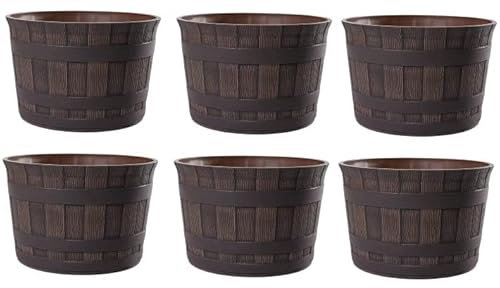 Jinfa 6er-Set Miniteich Pflanzkübel aus Kunststoff in Weinfassoptik bottich Blumenkübel | Farbe: Kastanie | Design: Barrique | Ø 36 cm