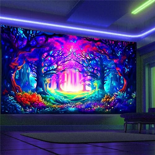 Arsey Schwarzlicht Wandteppich Wald Trippy UV-Reaktiver Wandteppiche Aesthetic Baum Wandtücher Deko Wohnzimmer Kunst Wandtuch, Bunt, Extra Großer 300x180cm
