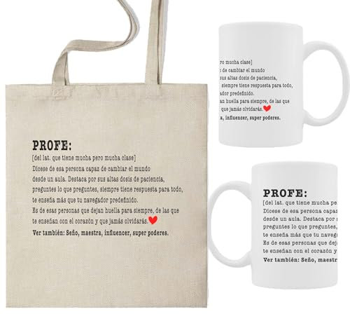 ELISA BOTELLA Pack taza profe + bolsa de tela, kit regalo fin de curso para la profe, bolsa de tela definición profe, regalo fin de curso profesores, (Pack Definición Profe)