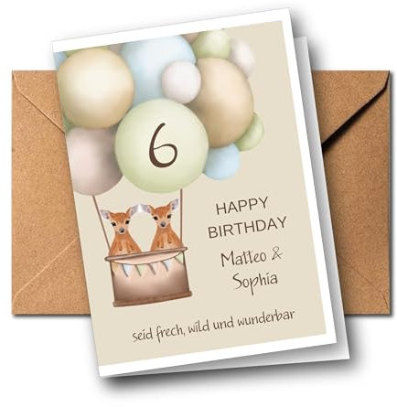Personalisierte Zwillinge Geburtstagskarte zum 1. 2. 3. 4. 5. 6. 7. 8. usw. Geburtstag, Grußkarte, Glückwunschkarte individuell, viele Motive, mit Namen (Reh)