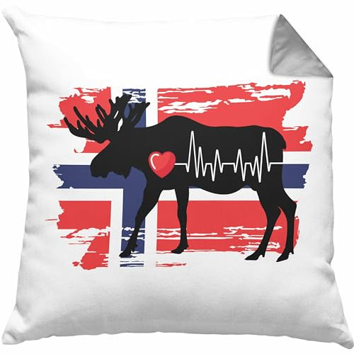 Trendation Norwegen Elch Herzschlag Kissen mit Füllung 40x40 Geschenk für Norwegen Liebhaber Hobby Geschenkidee (Grau)