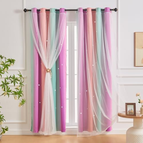 SeseBee 2-teilige Vorhänge für Mädchenprinzessinnen, doppellagige Fantasievorhänge, Verdunkelungsvorhänge für Kinderzimmer, Sternform, Ösenvorhänge für Wohnzimmer (Rosa Lila Blau, 2P×B132×H160 cm)