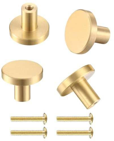 4 Pcs Door Knobs and Handles, Brass Round Cabinet Knobs, Single Hole Cupboard Door Handles, Small Pull with Screws for Drawer, Wardrobe, Cabinets, Doors, Decoration(Gold, 20 * 25mm)