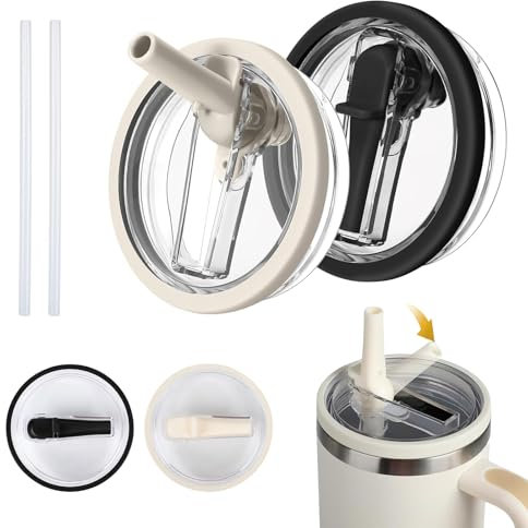 JAONLD 2 Pièces Remplacement de Couvercle pour 40 oz,Couvercles de Tasse Réutilisables Anti-Fuite et Anti-Poussière avec 2 Pièces Paille,Stanley Cup Couvercle Remplacement(Blanc,Noir)